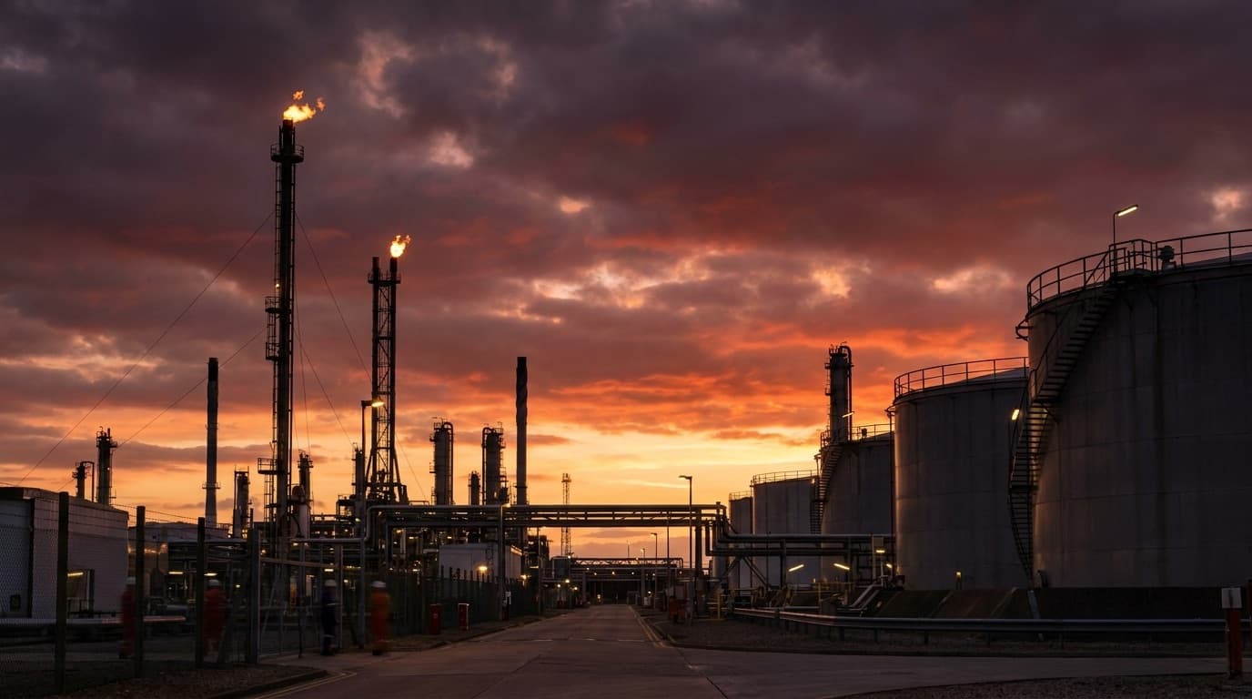 An oil refinery at dusk with storage tanks and flare stacks against an orange sky