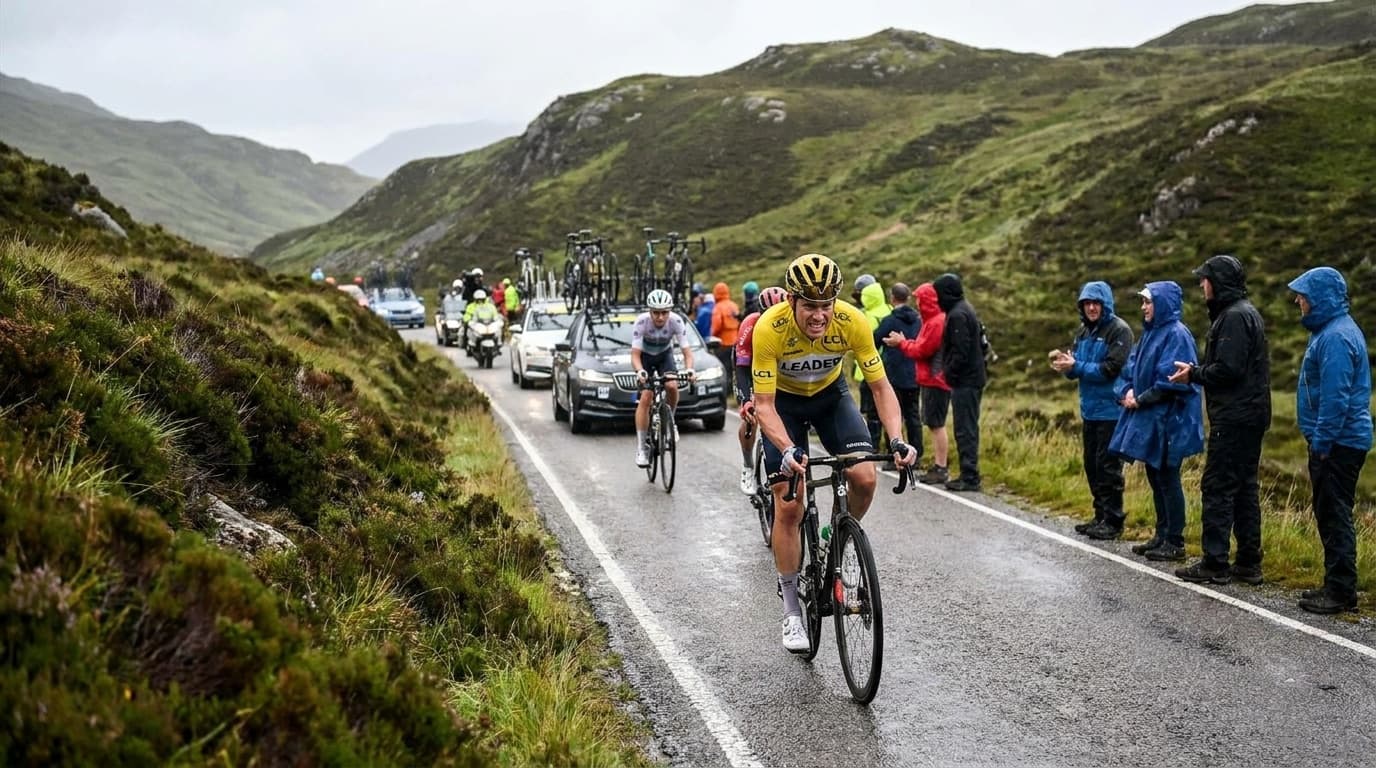 A cyclist in a leader's jersey climbs a mountain road during a stage race