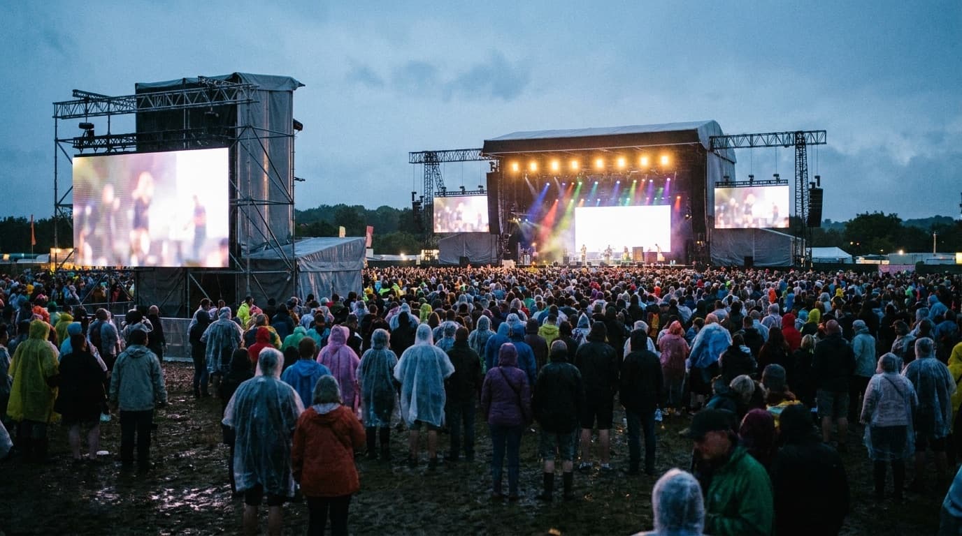 A large festival crowd at dusk facing a brightly lit main stage