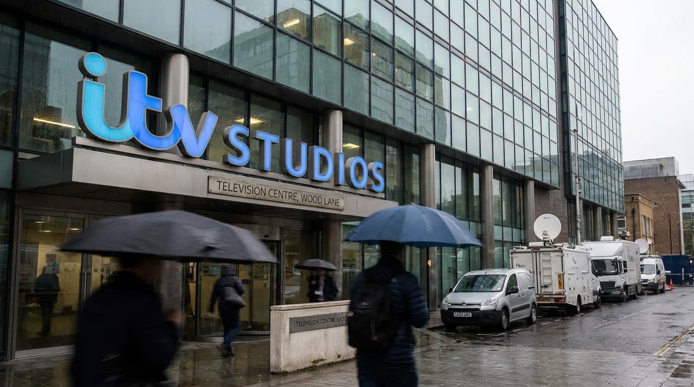 ITV studios sign at a broadcasting headquarters