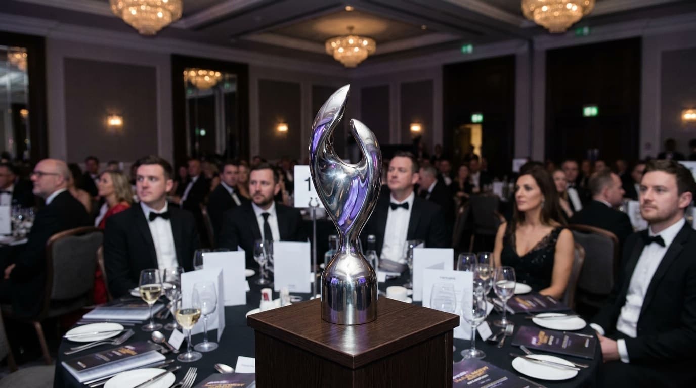 An awards trophy on a table at a formal music ceremony