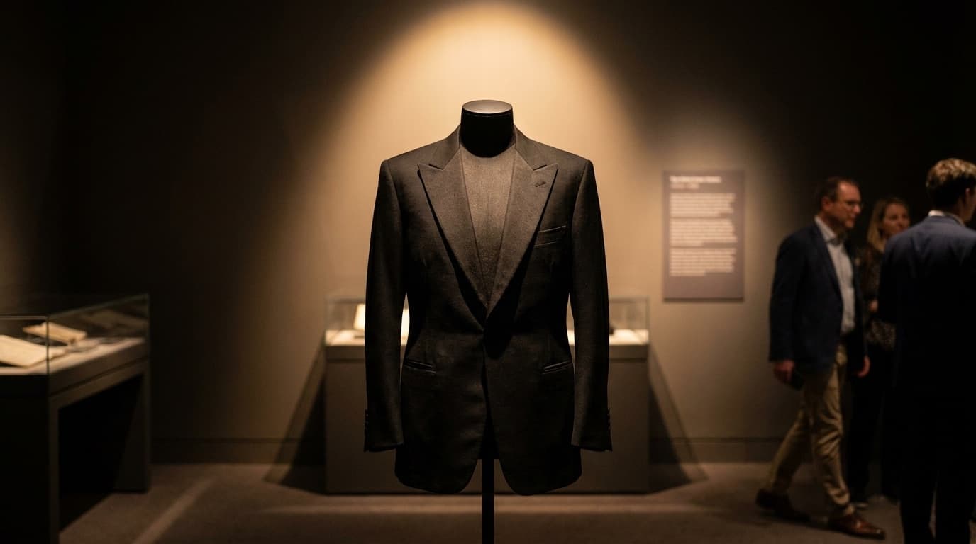 A formal black dinner jacket on display under a single spotlight