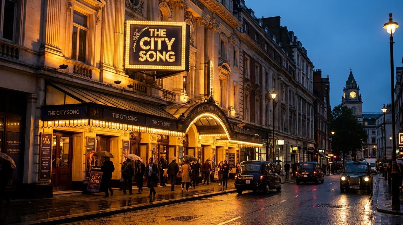 A West End theatre marquee illuminated at dusk for a musical production