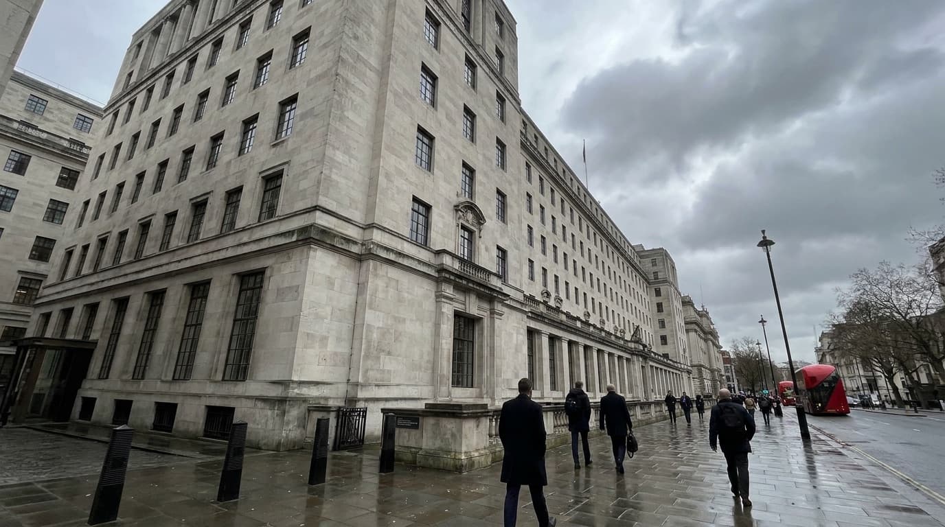 The Ministry of Defence main building in Whitehall under cloudy skies