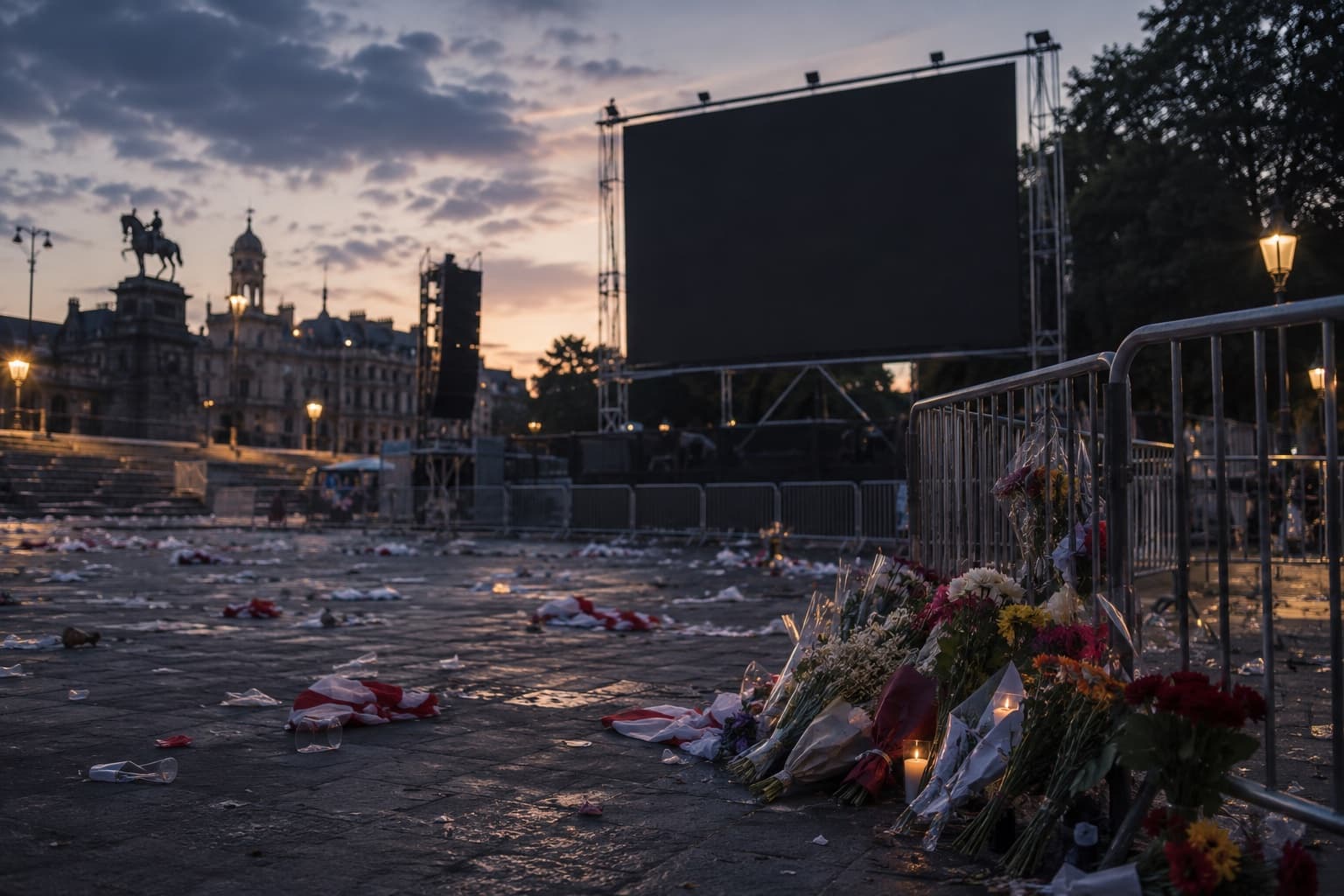 A dense crowd of football supporters watching a match on a large outdoor screen at dusk
