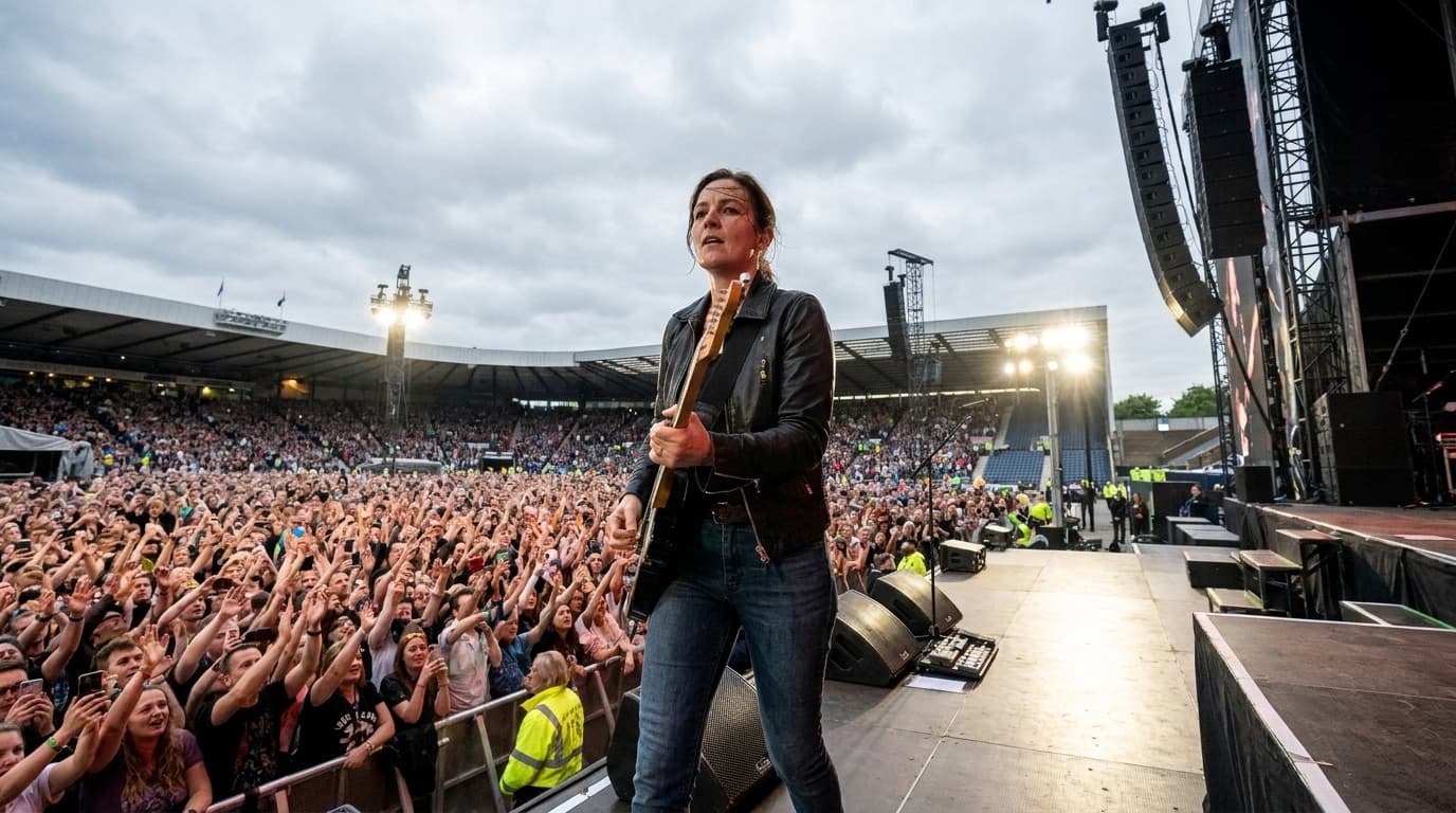 Performer on a brightly lit stage in front of a large stadium crowd