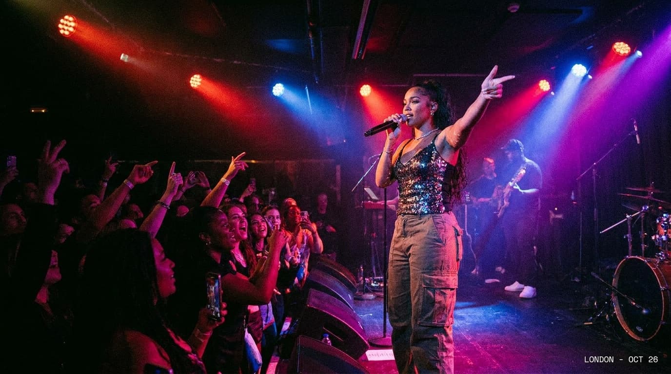 An R&B singer performing on stage under coloured spotlights