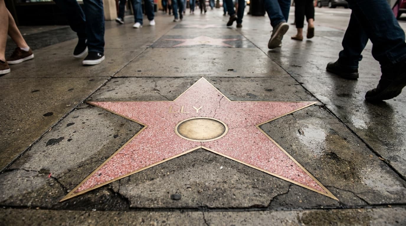 A pink and gold star set into a pavement on Hollywood Boulevard