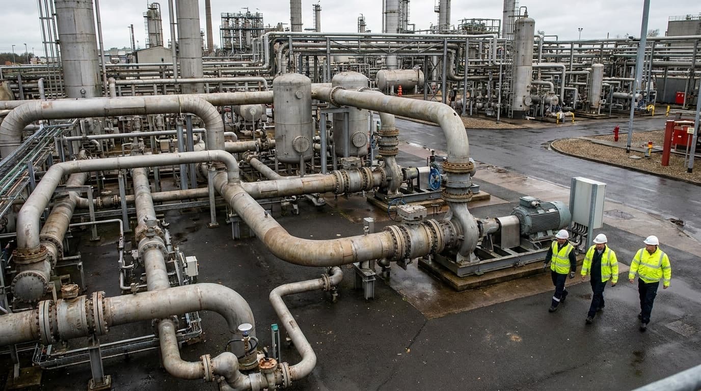 Oil and gas pipeline infrastructure at an industrial facility
