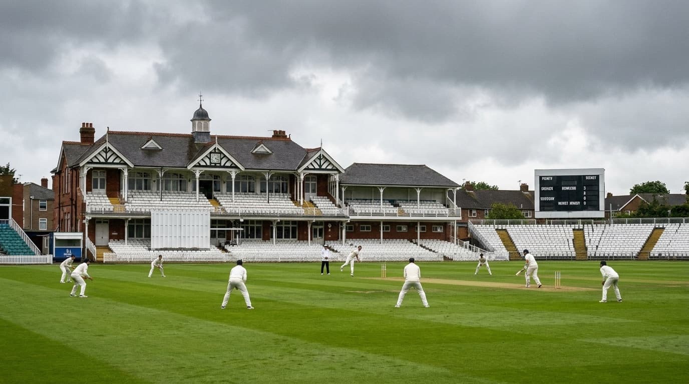 A county cricket ground on an overcast day with fielders spread across a green outfield and an empty pavilion behind