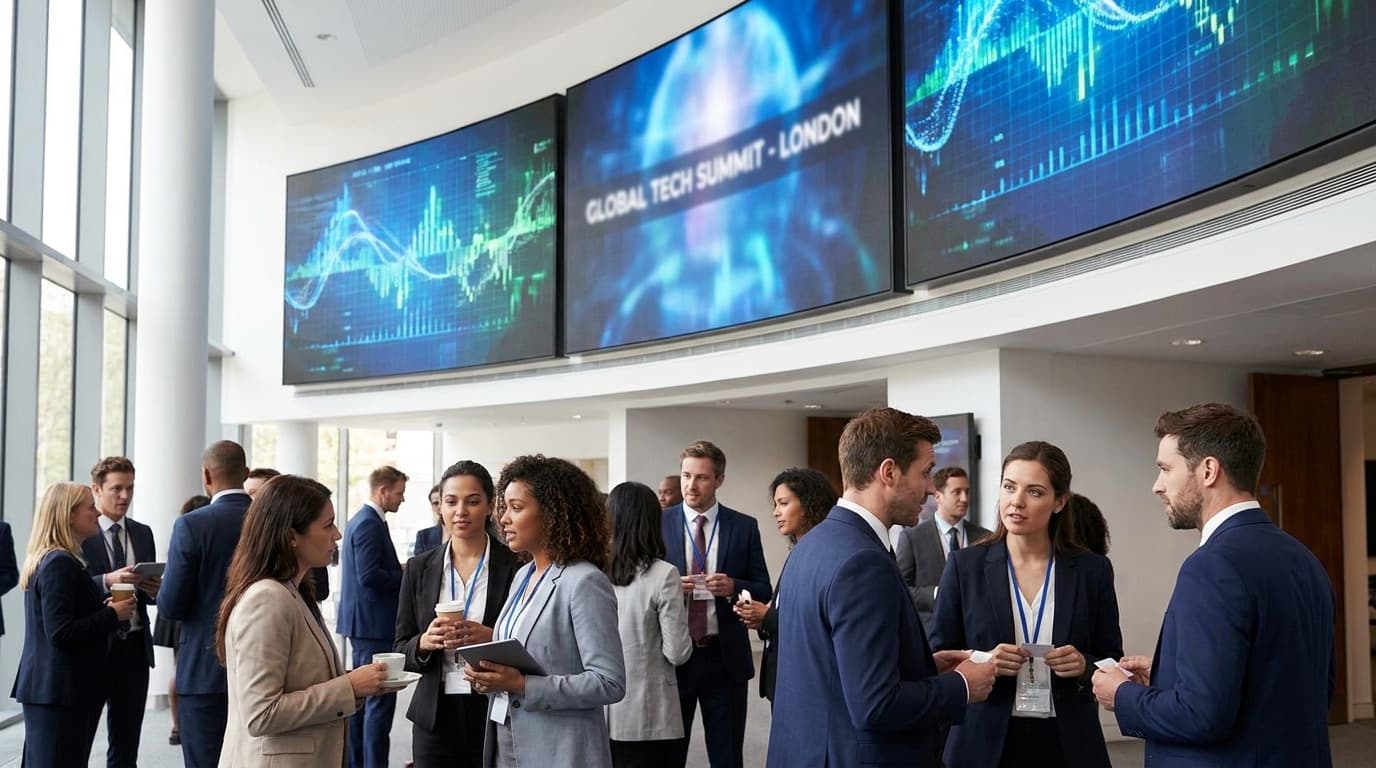 Delegates networking beneath digital screens at a technology conference in London