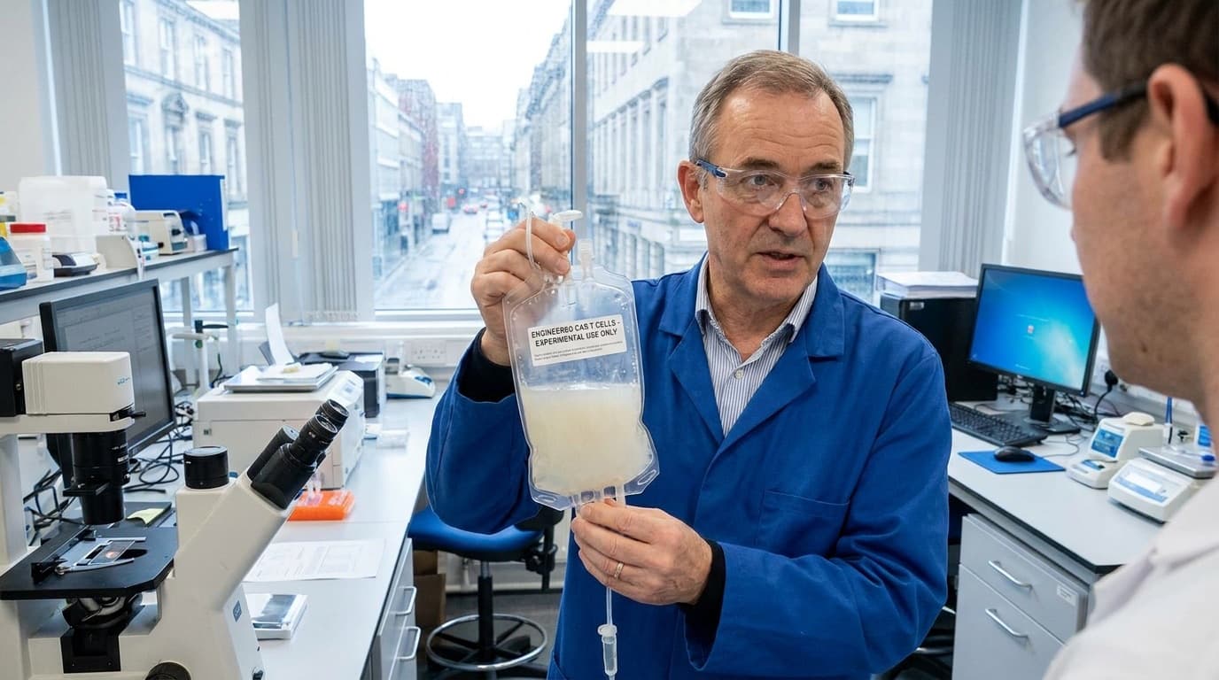 A scientist in a laboratory holding a bag of engineered immune cells for CAR T-cell therapy