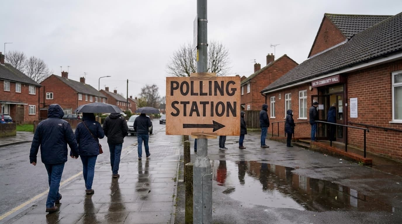 A polling station sign outside a community hall on a grey morning
