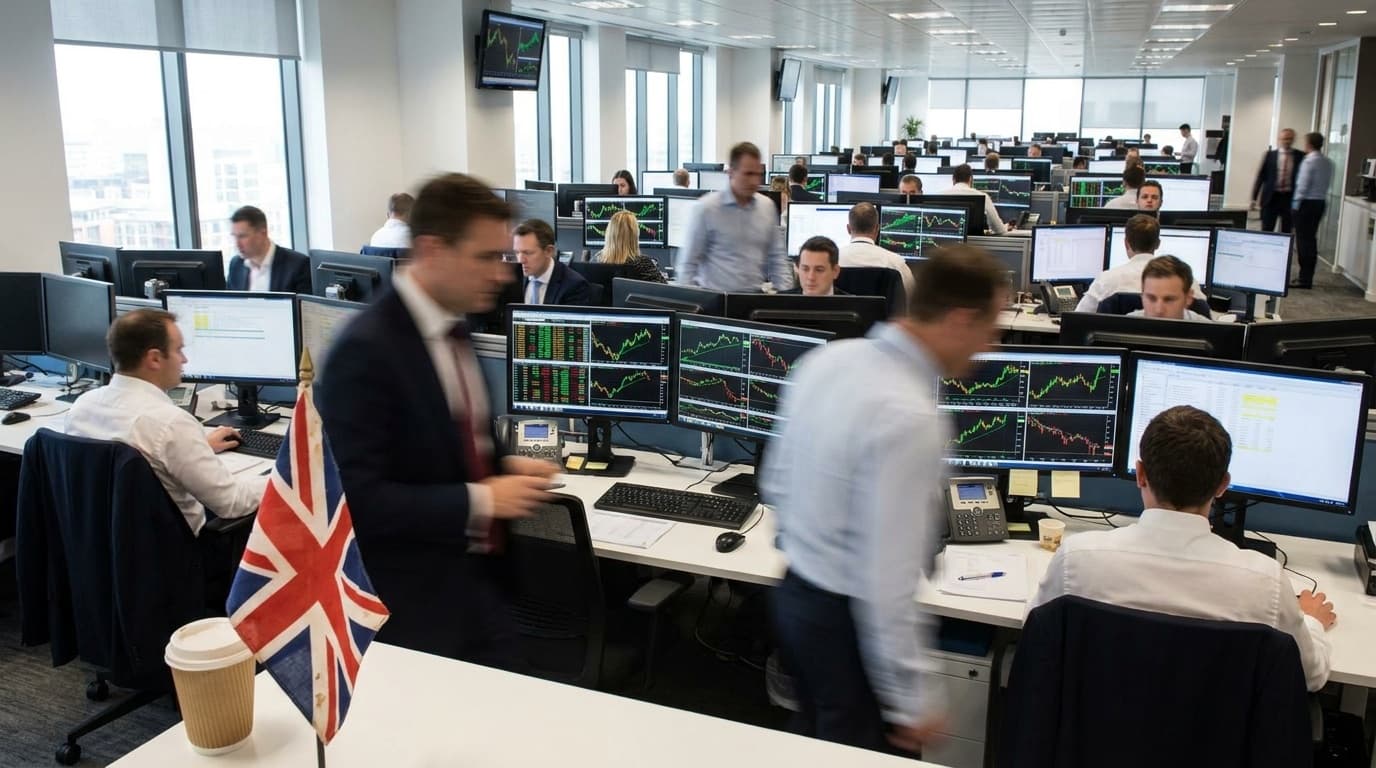 A financial trading floor with screens showing currency charts and a Union Jack on a desk