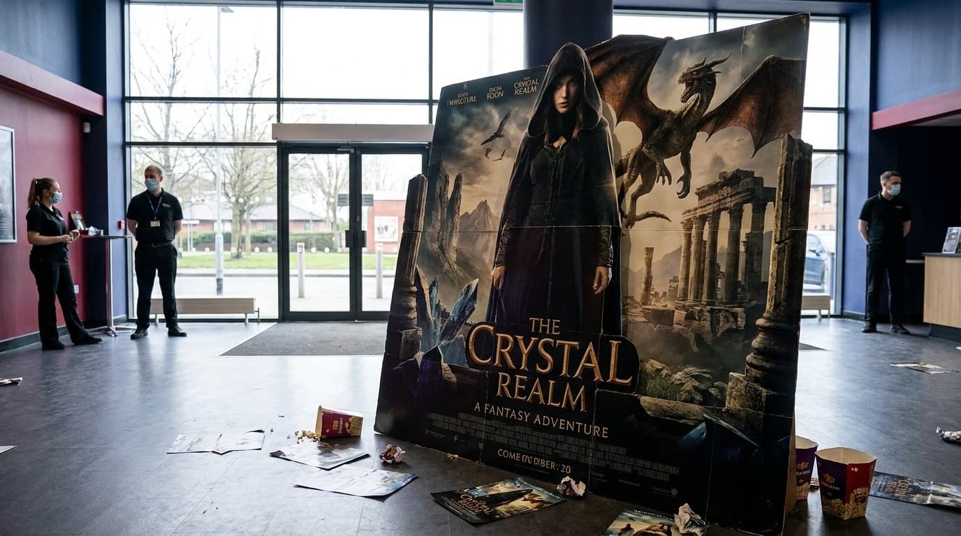 An empty cinema lobby with a large film standee for a fantasy adventure