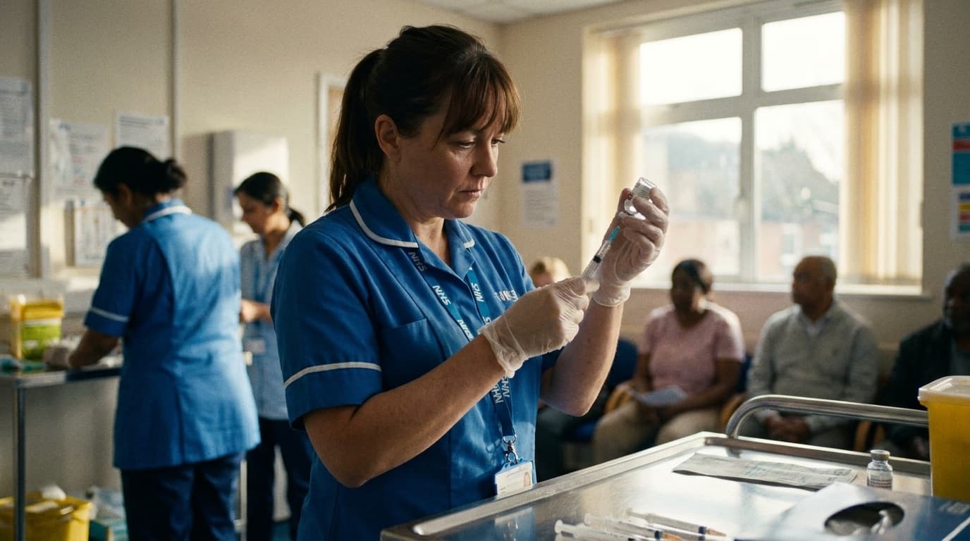 A nurse preparing a vaccine syringe at a clinic