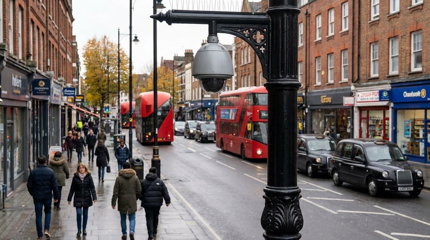 Street surveillance camera mounted on a lamppost in a London high street