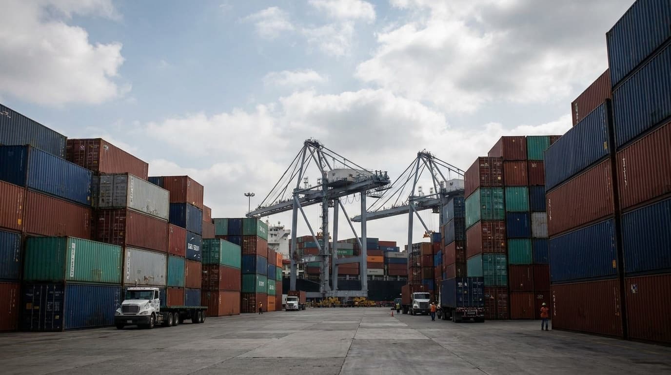 Shipping containers stacked at a Mexican port with cranes in the background