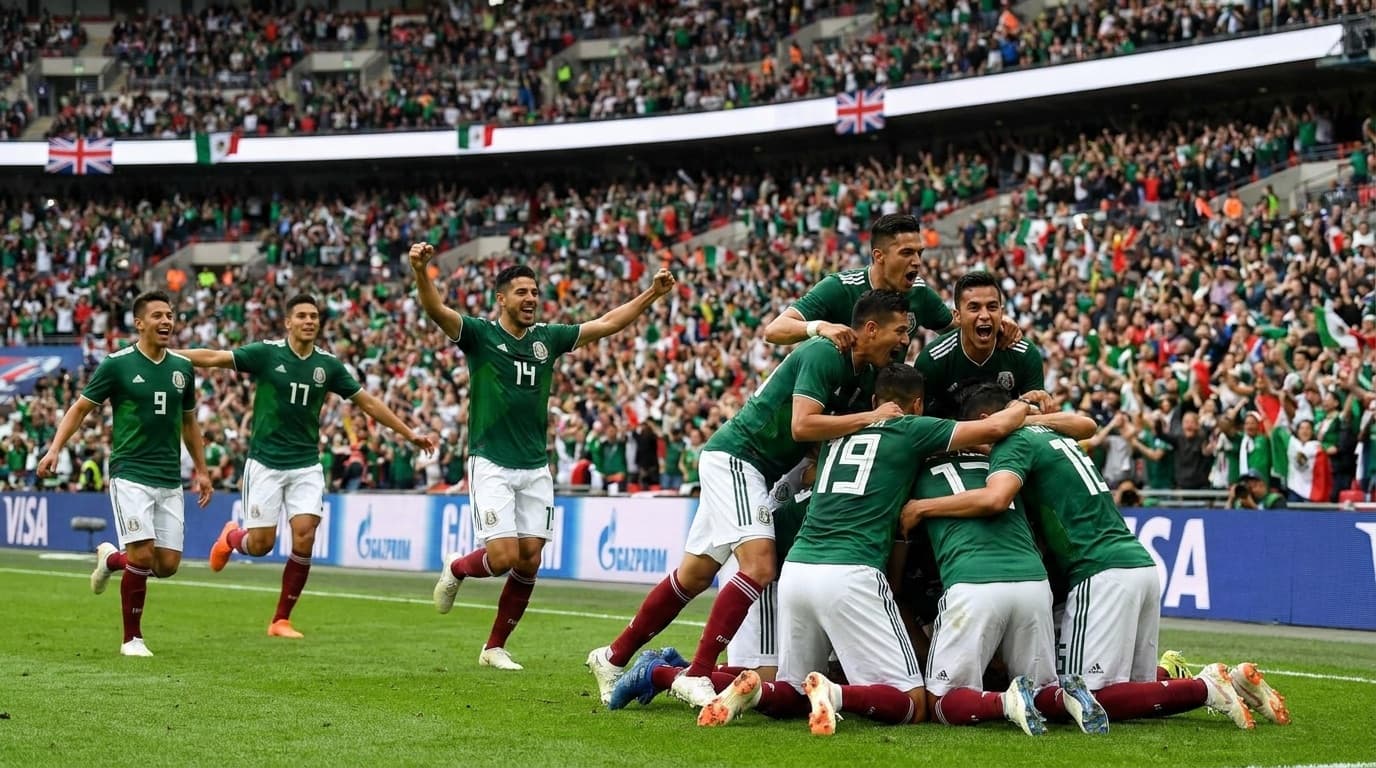 Mexico players celebrating a goal in a packed football stadium