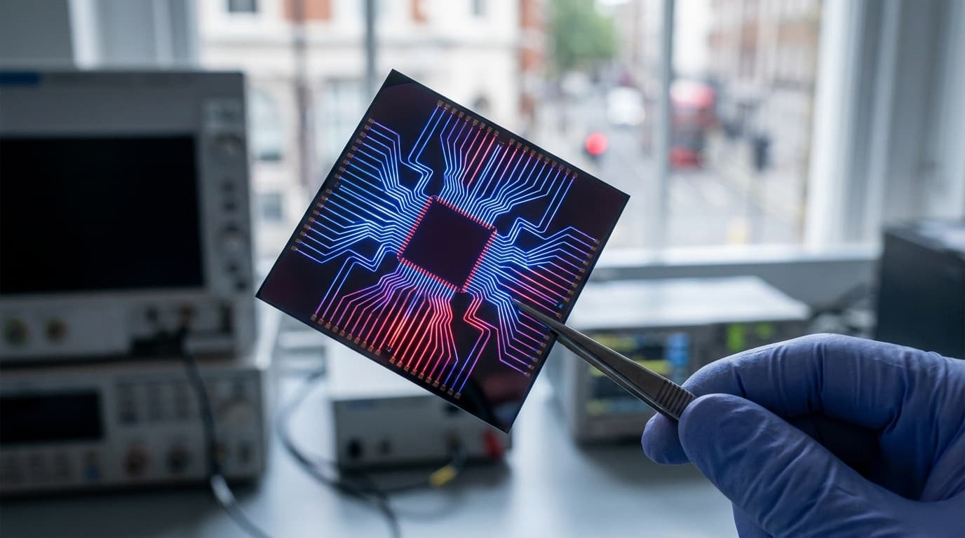 A close-up of a silicon photonic computer chip with light pathways