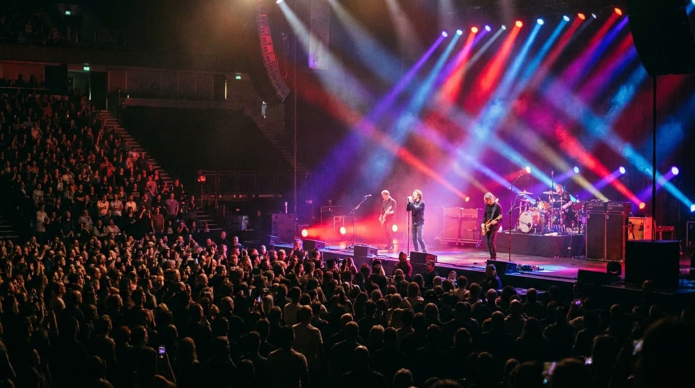 A rock band performing with dramatic stage lighting in an arena