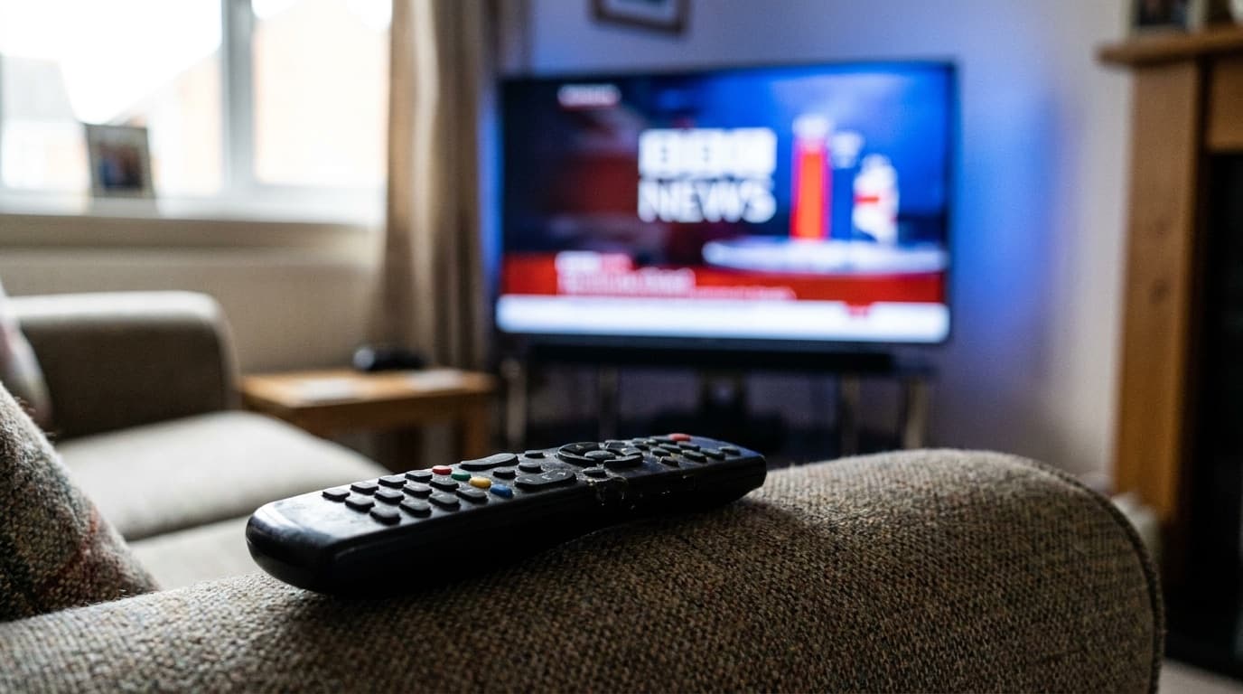 A television remote resting on a sofa in front of a glowing screen