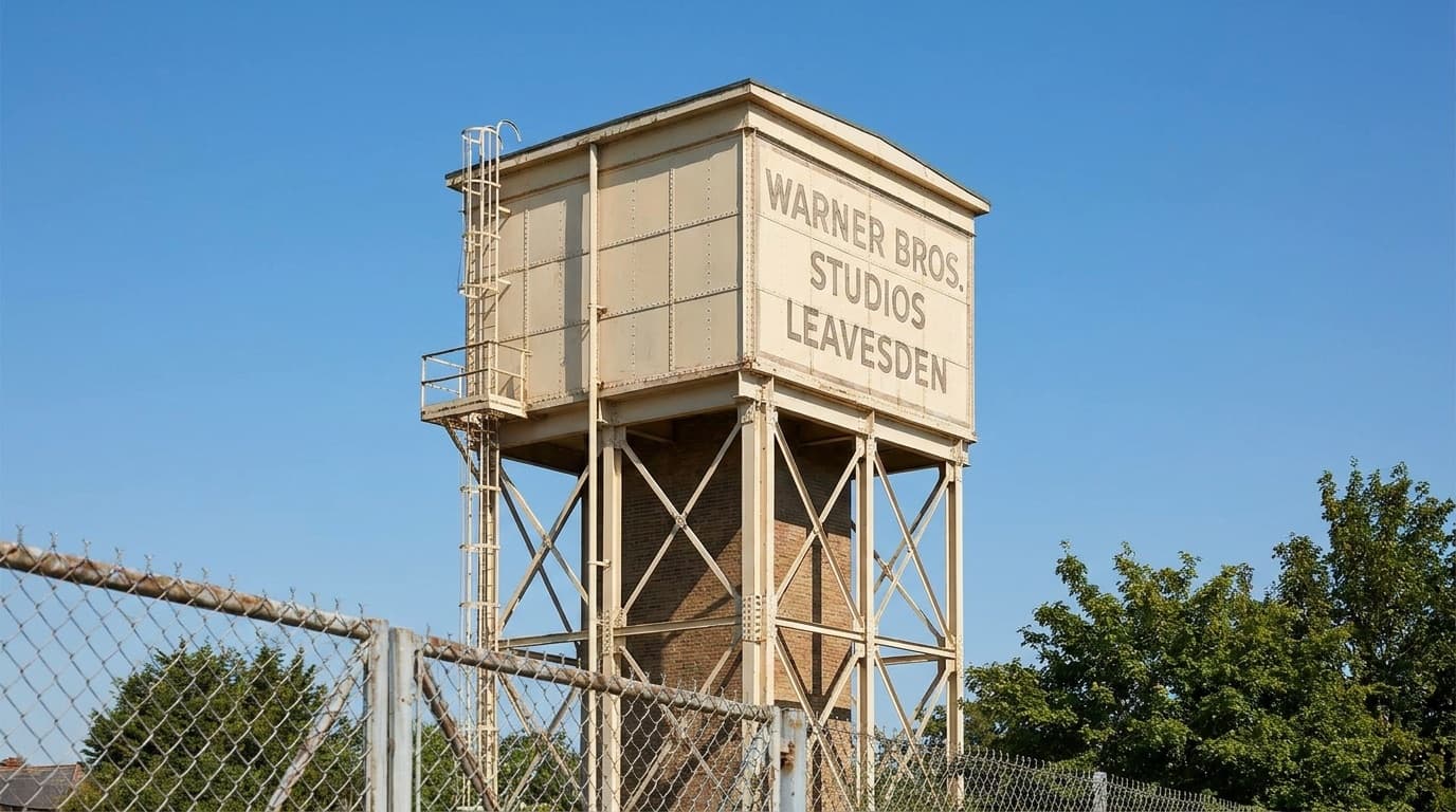 The Warner Bros. studio water tower against a clear sky