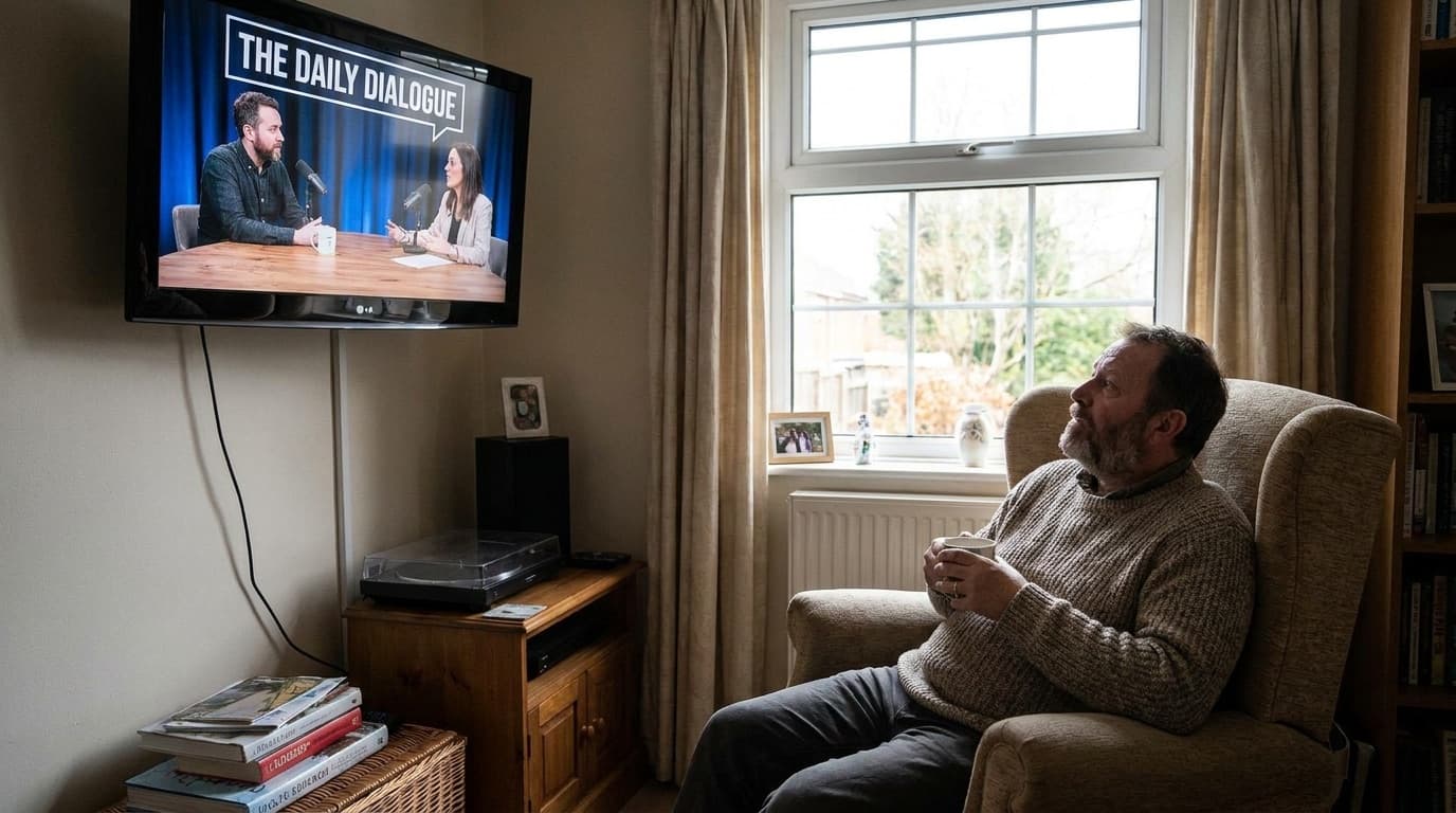 A person watching a video podcast on a television screen