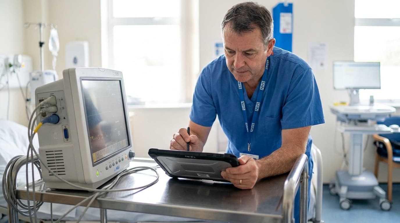 Clinician using a digital tablet beside hospital equipment