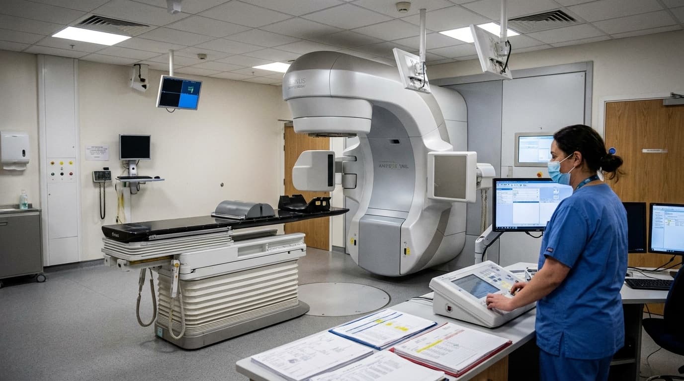 A radiotherapy machine in a hospital treatment room