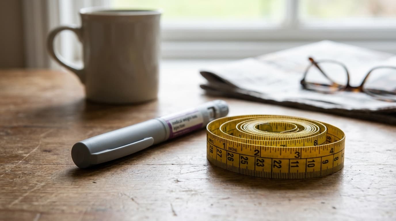 A weight-loss injection pen resting on a table beside a tape measure