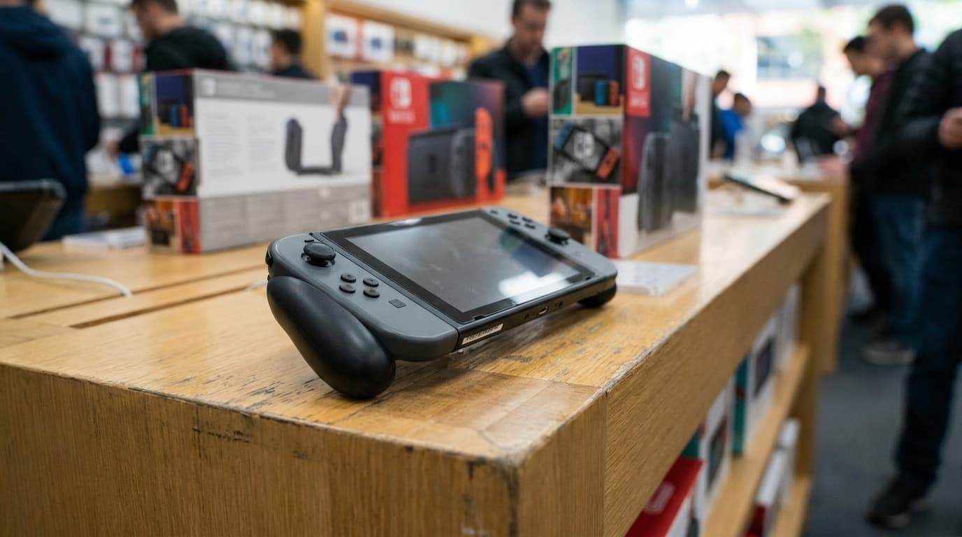 A hybrid games console with detachable controllers resting on a retail display