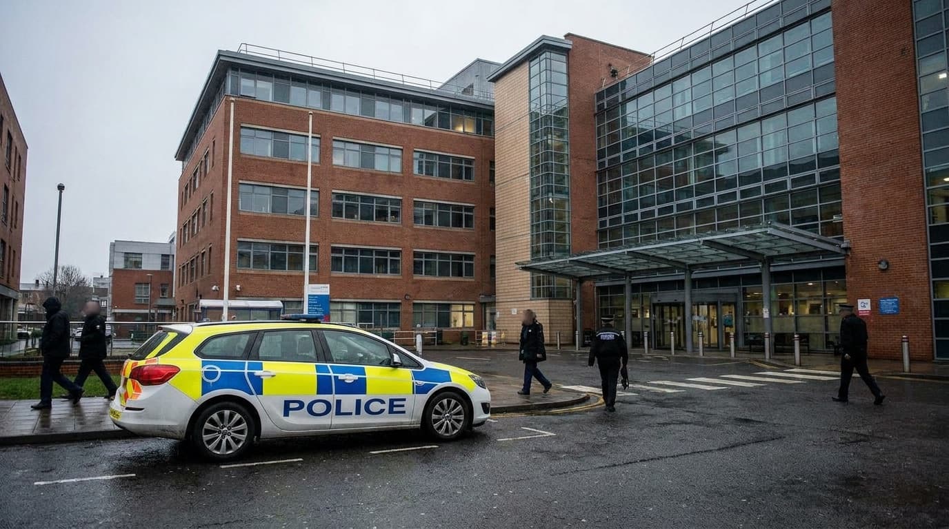A police vehicle parked outside a large hospital building