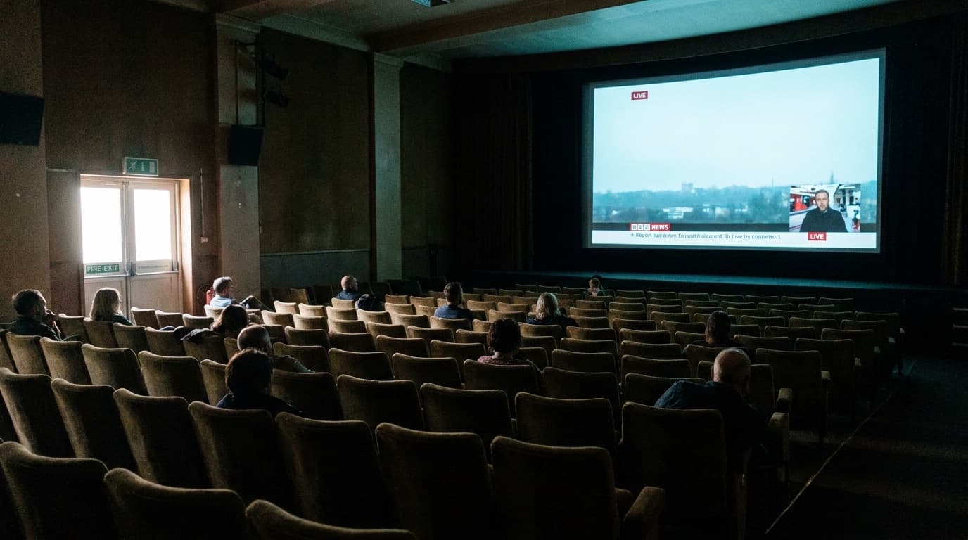 A dimly lit cinema auditorium with a single illuminated screen