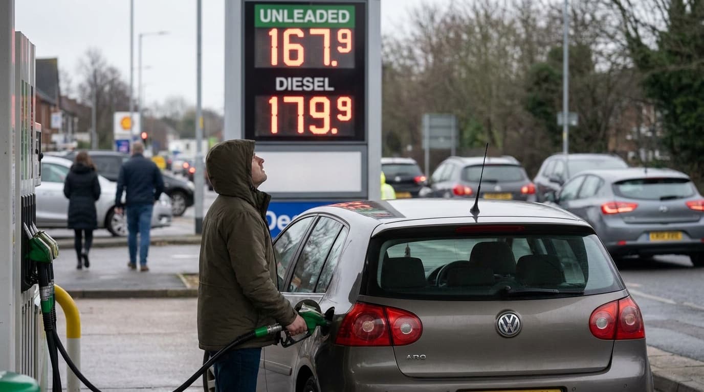 A motorist refuelling a car at a UK petrol station forecourt with rising fuel prices displayed