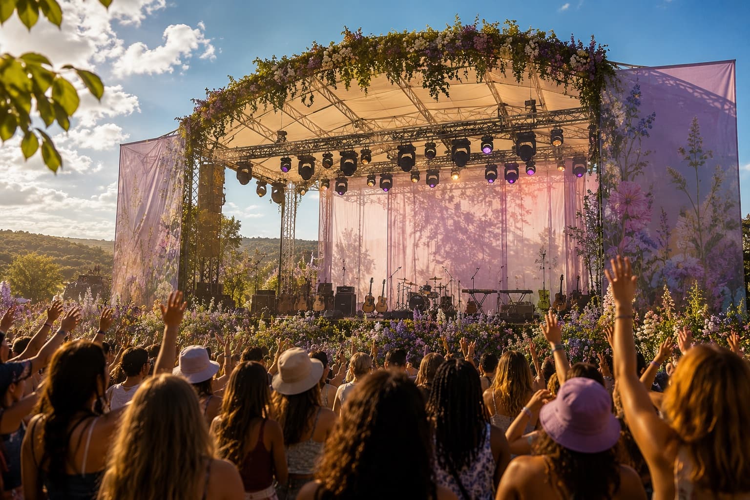 An outdoor festival stage at sunset with a crowd silhouette, no identifiable people