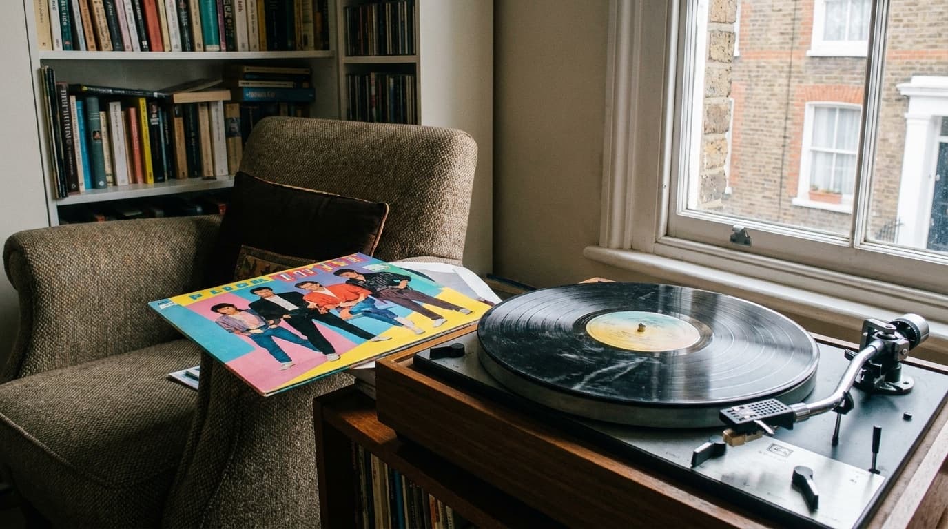 A vinyl record and turntable with a pop album sleeve