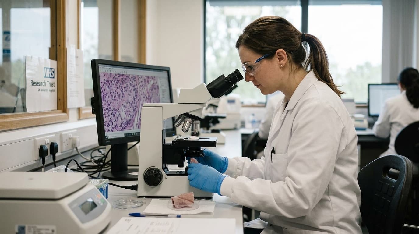 A laboratory scientist analysing a breast cancer tumour sample