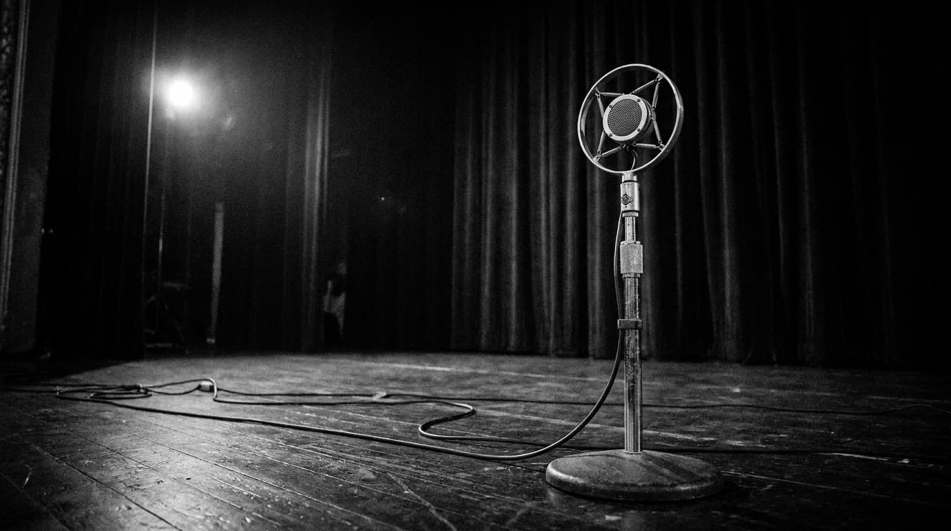 Vintage microphone on a darkened stage