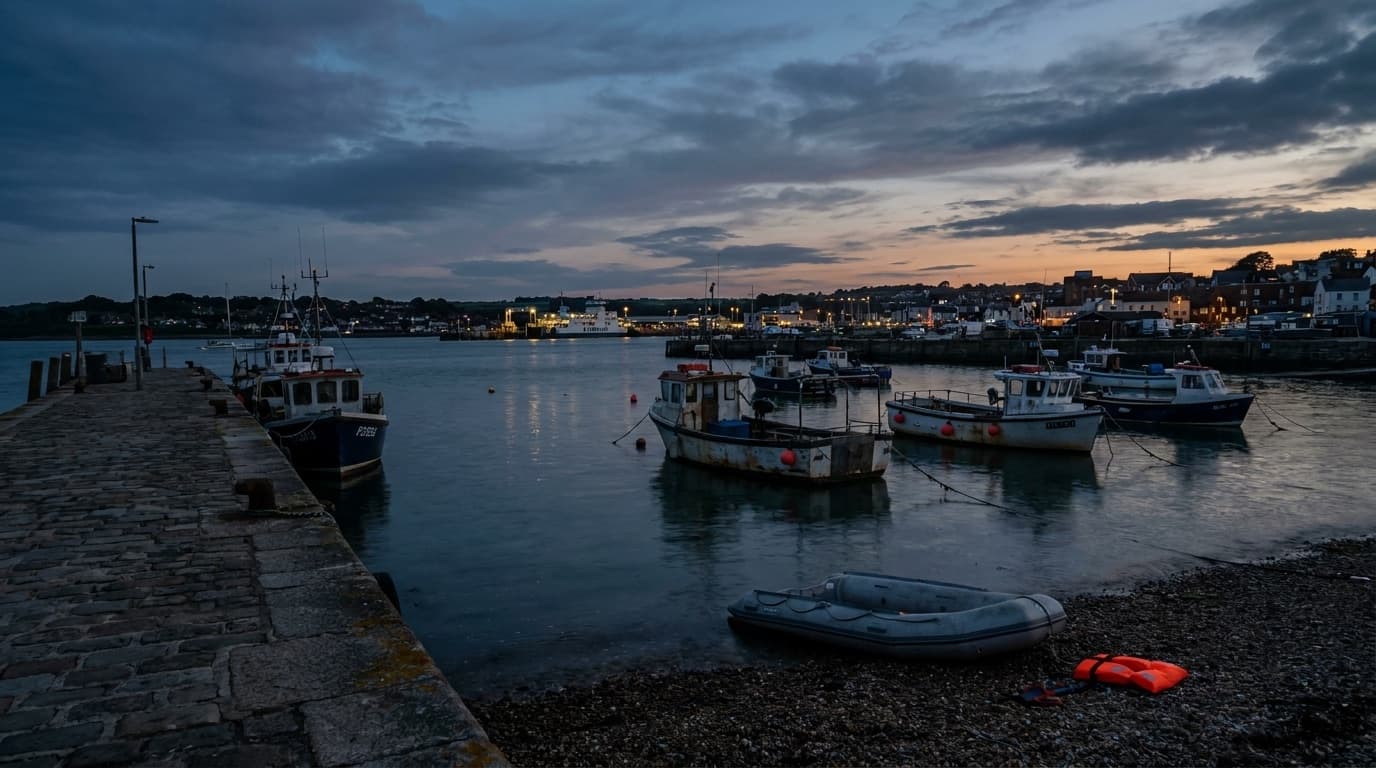 A harbour at dusk with calm sea, evoking dangerous migrant crossings