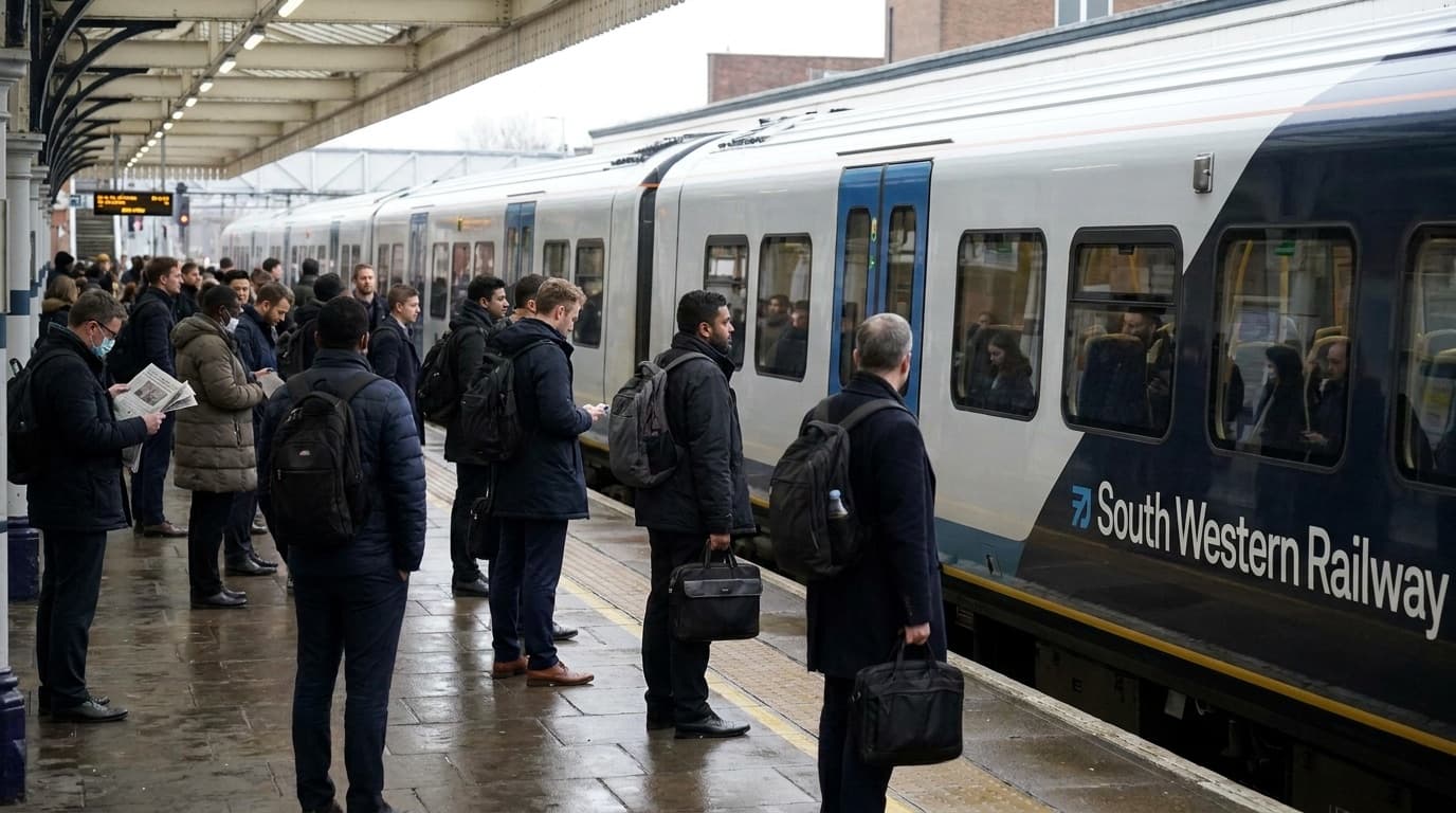 A commuter train pulling into a busy British railway station platform