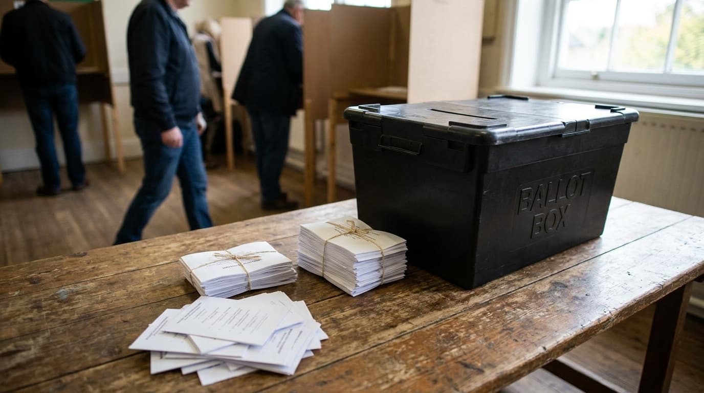 A ballot box and stacked voting slips on a wooden table