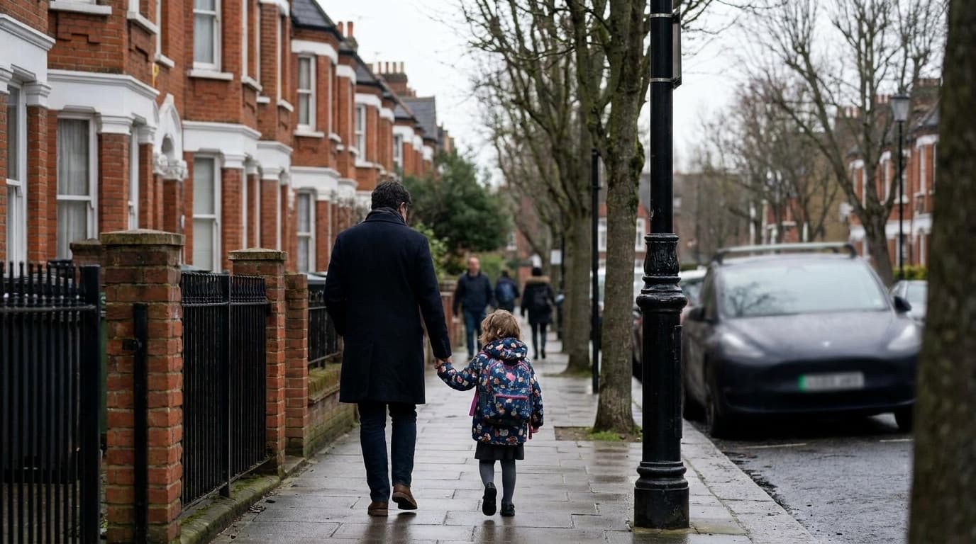 A parent holding a child's hand on a residential street