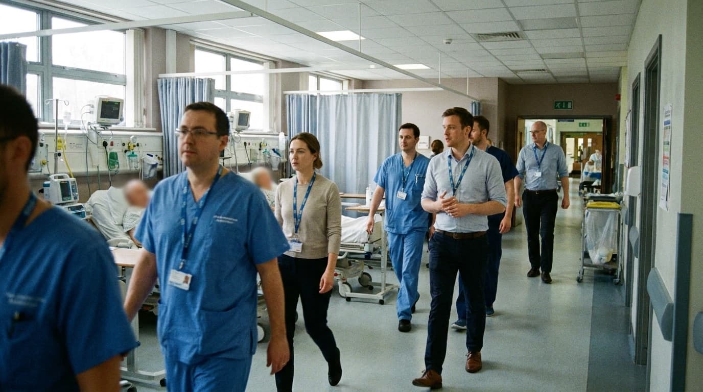 Hospital corridor with medical staff walking past treatment bays