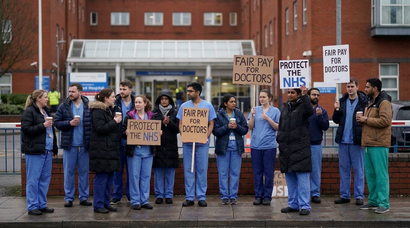 Doctors on a picket line outside a hospital entrance