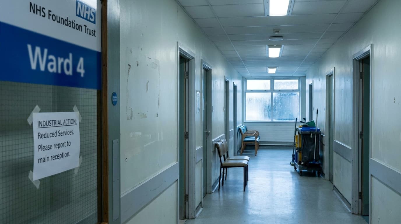 An empty hospital corridor with NHS signage during planned industrial action