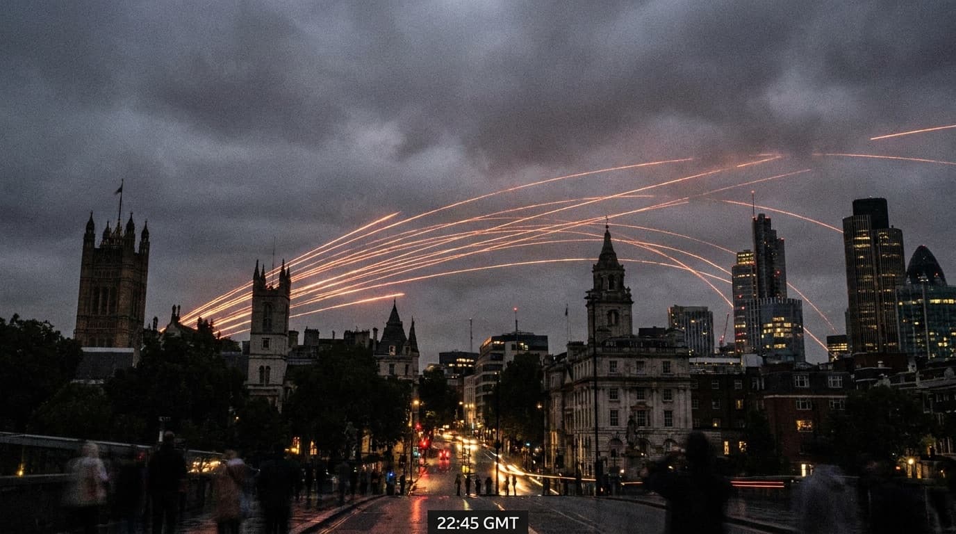 Air defence tracer fire lighting up the night sky over a city skyline