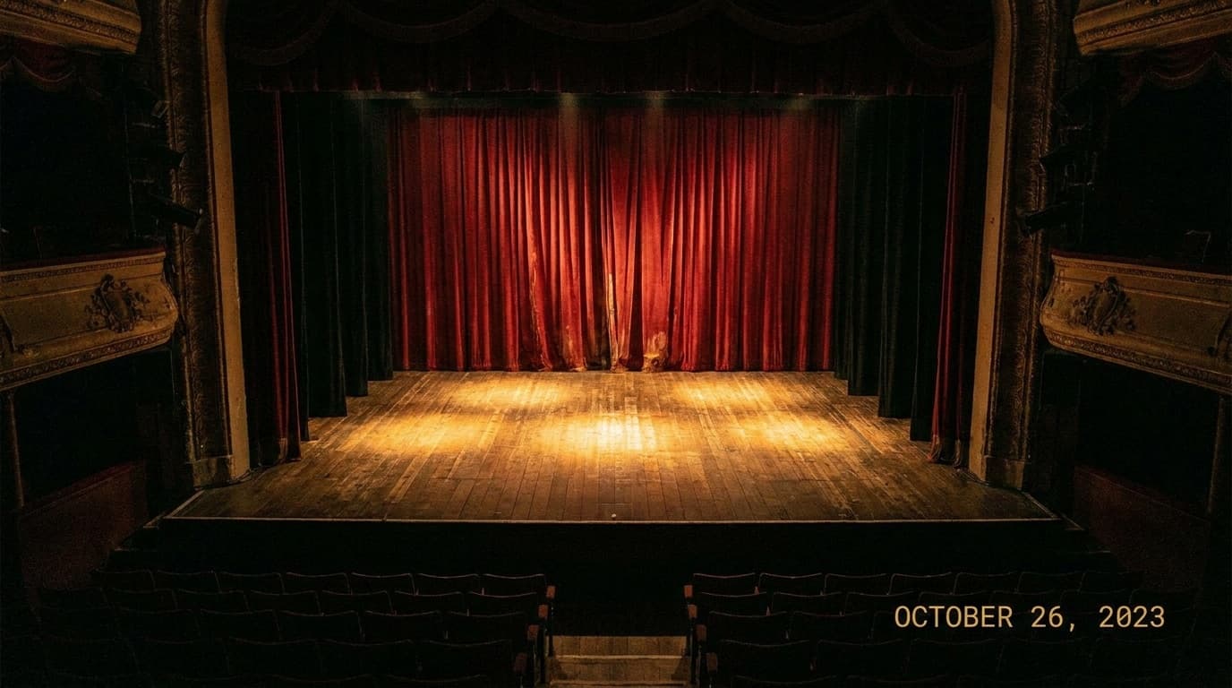 Empty theatre stage lit by warm spotlights with red curtains