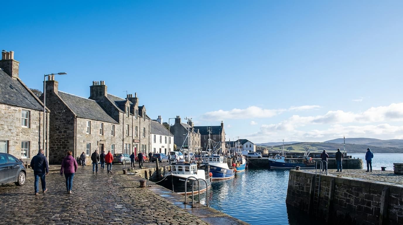 A coastal Scottish town with harbour and stone buildings under a bright sky