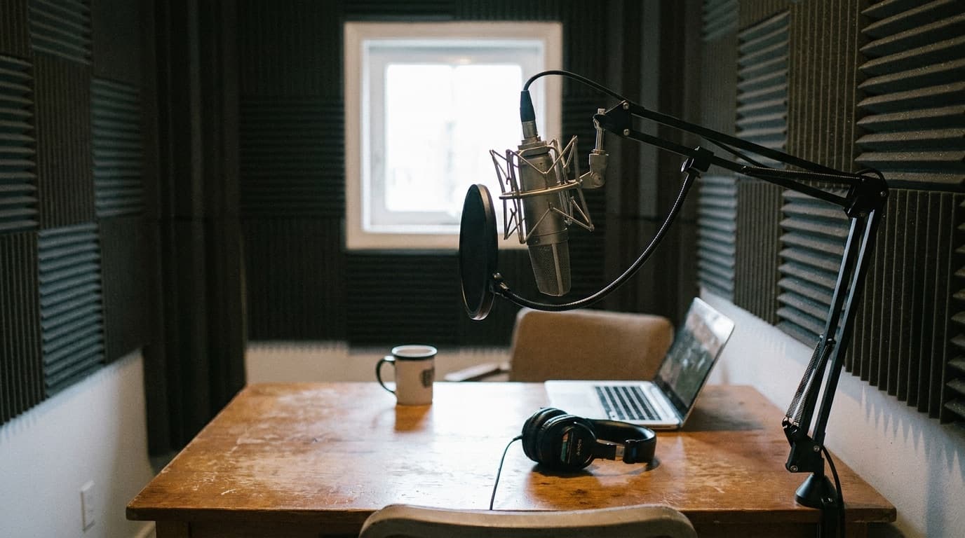 Studio microphone in a podcast recording booth